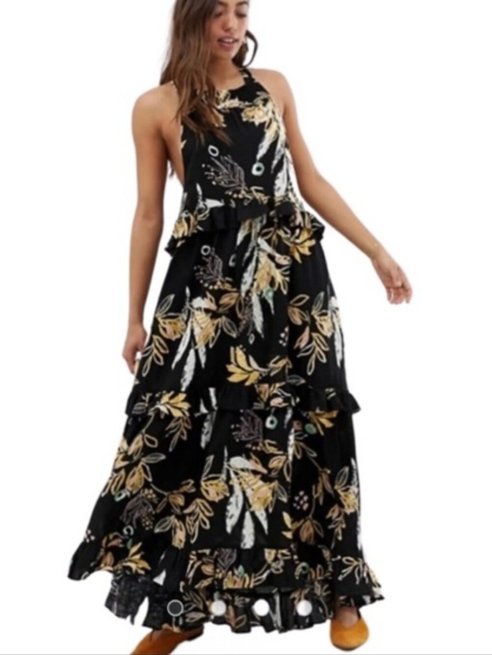 Free People Anita Printed Black Floral Tiered Maxi Dress Size Med Halter Neck